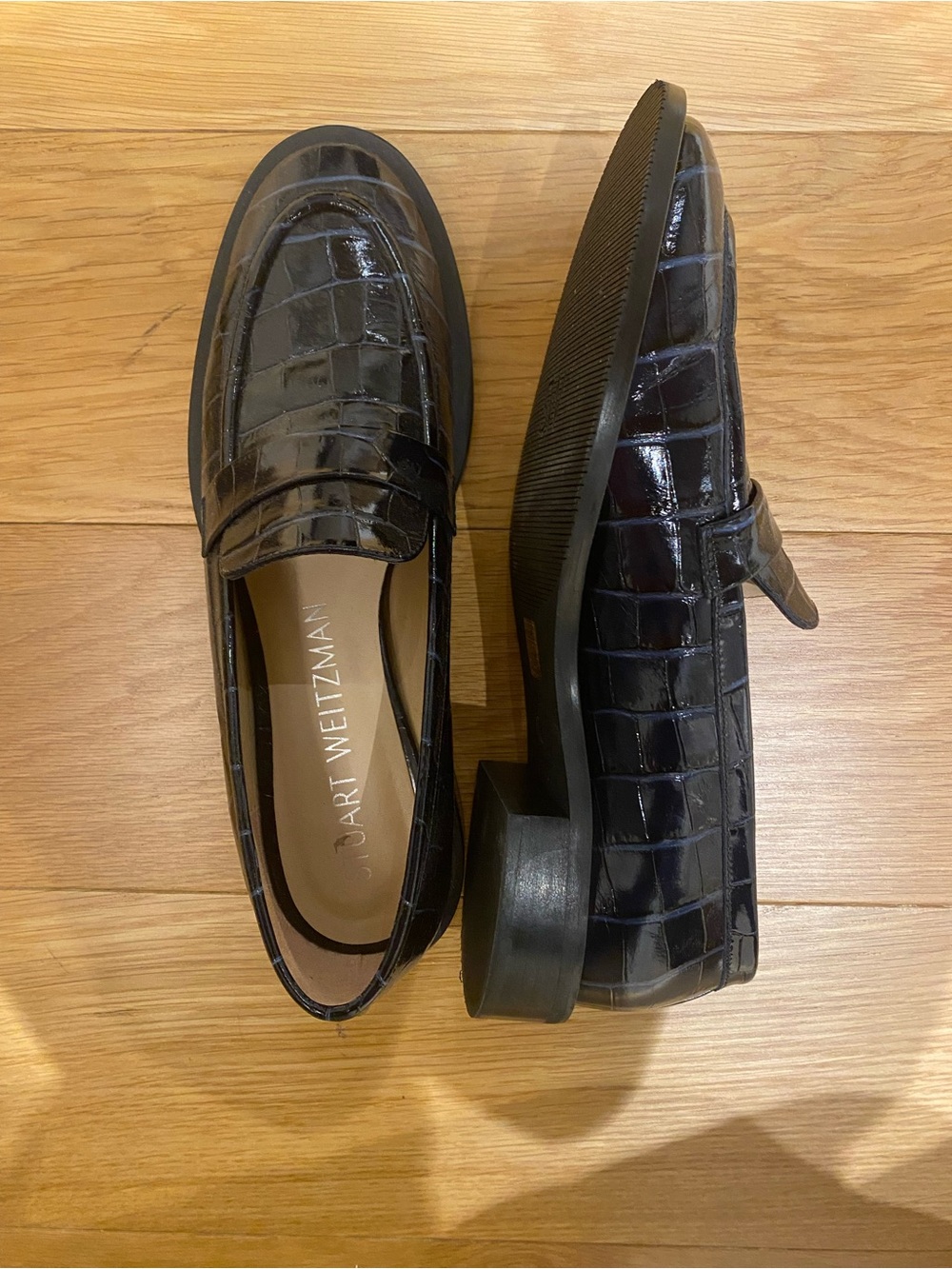 Stuart Weitzman Navy Croc-Embossed Patent Leather Penny Loafers
